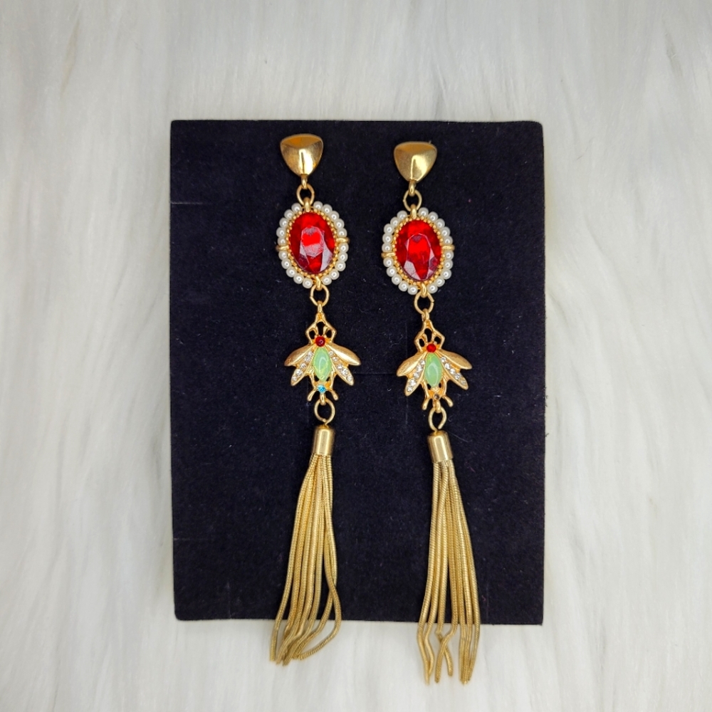 Gold Chains, Pearls, Insect & Red Ruby Earrings